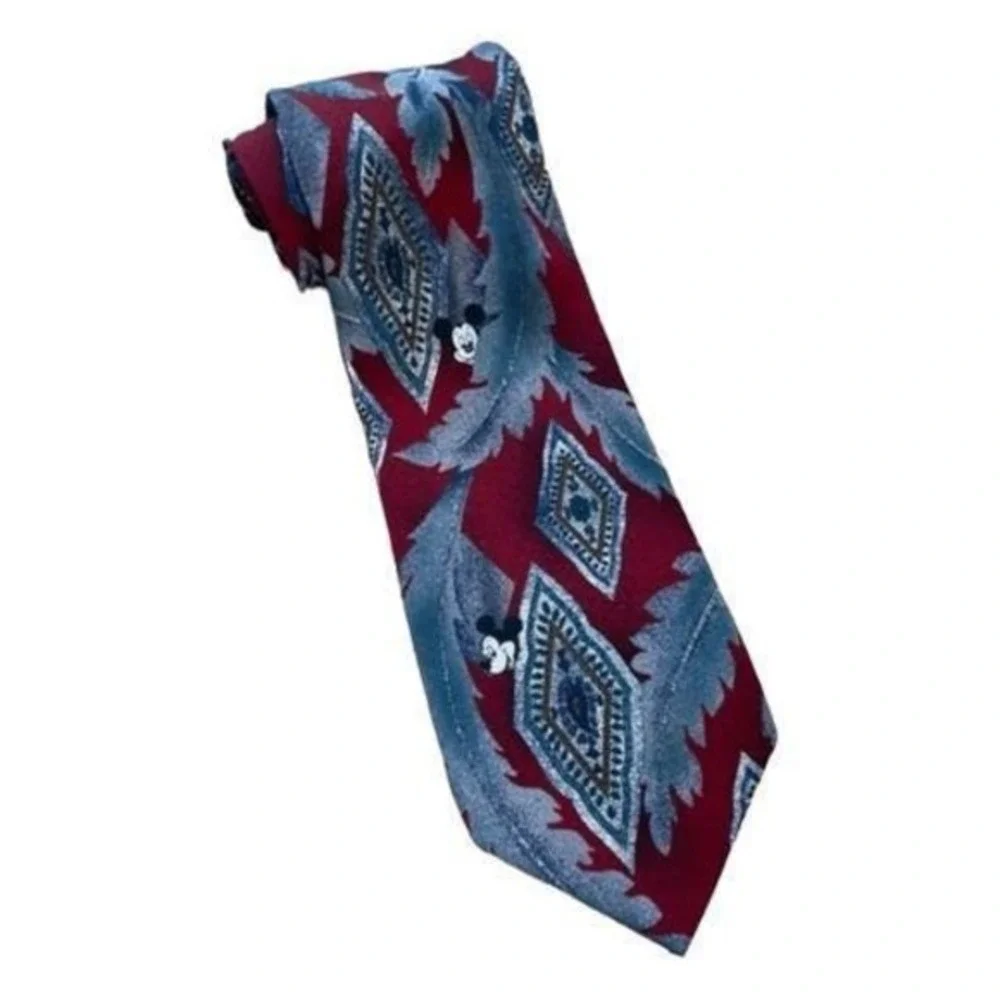 Vintage Disney Originals Mickey Mouse Neck Tie 100% Silk Maroon Blues Paisley‎